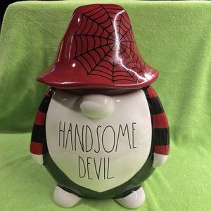 OLLIERV Rae Dunn Spiderweb HANDSOME DEVIL Gnome Cookie Jar Halloween Treats MINT